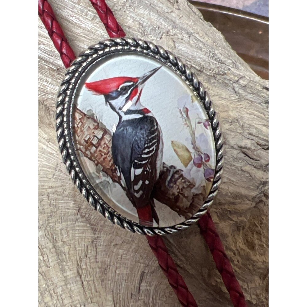 Woodpecker Silver Bolo Tie Pileated Bird Nature Watcher Ornithology Zoology Red